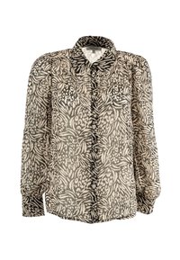 Camicia button-up in tessuto trasparente con un motivo astratto bianco e nero, caratterizzata da maniche lunghe e un design con colletto classico.