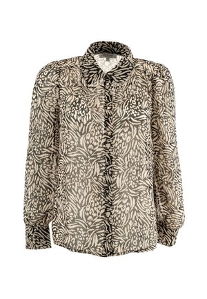 Blusa abotonada de tejido transparente con un patrón abstracto en crema y negro, que cuenta con mangas largas y un diseño de cuello clásico.