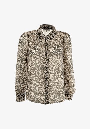 Knopen blouse van doorschijnende stof met een crèmekleurig en zwart abstract patroon, met lange mouwen en een klassiek kraagontwerp.