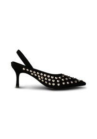 Čierne semišové lodičky na slingback s špicatými špičkami, s ozdobným dizajnom na vonkajšej strane a tenkým podpätkom.