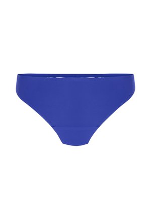 Blauwe bikinionderkant met een gladde textuur en een klassiek ontwerp. Heeft een laag gesneden snit en een minimalistische stijl, geschikt voor zwemkleding.