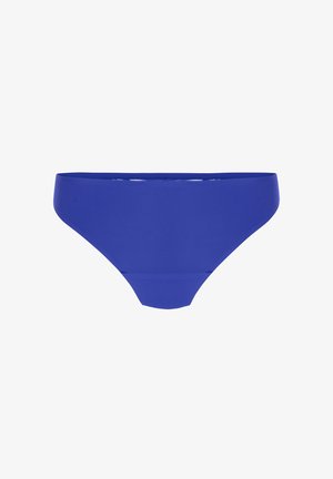 Blauwe bikinionderkant met een gladde textuur en een klassiek ontwerp. Heeft een laag gesneden snit en een minimalistische stijl, geschikt voor zwemkleding.