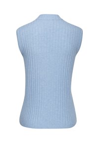 Light blue sleeveless top with a ribbed texture, high neck, and fitted shape. The fabric appears soft and stretchy.