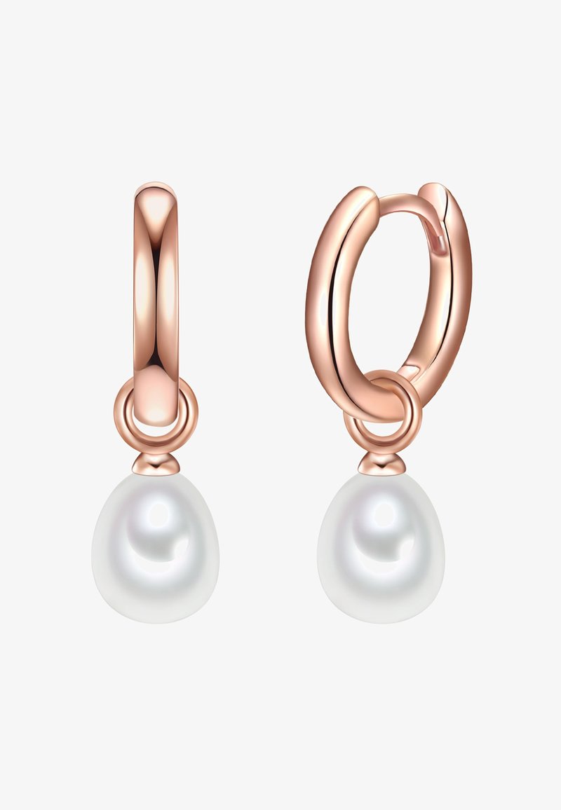 Roosa kuldsete rõngaste kõrvarõngad, millel on pärl valge langev pärl, sujuva viimistluse ja poleeritud pinnaga. Disain on minimalistlik ja elegantne.