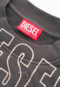 Felpa nera con colletto a coste, con un'etichetta rossa con la scritta "DIESEL" e lettere beige sulla parte anteriore. Il tessuto è morbido e testurizzato.