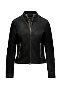 Giacca nera in pelle con chiusura a zip frontale, colletto rialzato e due tasche laterali con zip. Texture liscia e design aderente.