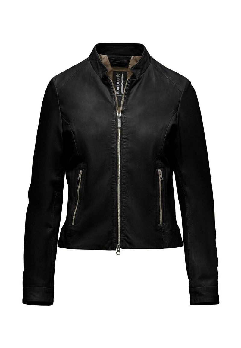 Giacca nera in pelle con chiusura a zip frontale, colletto rialzato e due tasche laterali con zip. Texture liscia e design aderente.