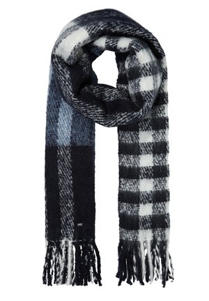 Zachte geweven sjaal met zwart, wit en grijs geruit patroon, franjes aan de uiteinden, losjes gevouwen in een lus.