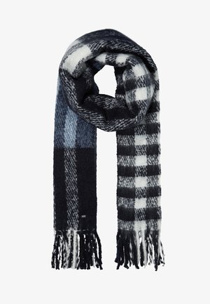 Zachte geweven sjaal met zwart, wit en grijs geruit patroon, franjes aan de uiteinden, losjes gevouwen in een lus.