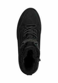 Stivaletti neri alla caviglia con un upper testurizzato, fodera in pelliccia e lacci con motivo, dal design a punta rotonda.