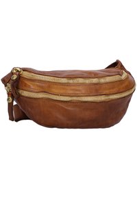 Brązowa skórzana saszetka na biodra z dwoma złotymi zamkami błyskawicznymi, o zaokrąglonym kształcie i miękkiej teksturze. Posiada boczny zamek do regulacji dopasowania.