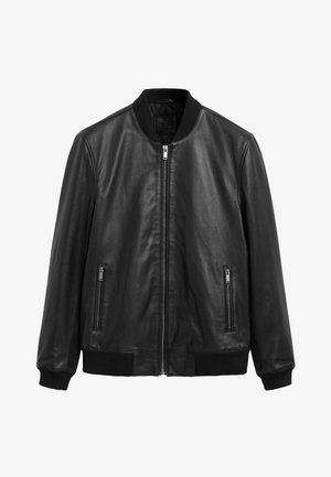 Black leather bomber jacket with a zip front, ribbed cuffs and hem, two side zip pockets, and smooth texture.