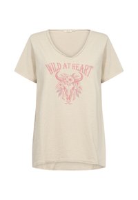 Béžové bavlněné tričko s výstřihem do V a krátkými rukávy. Na přední straně je růžový grafický motiv lebky s květinovými prvky.