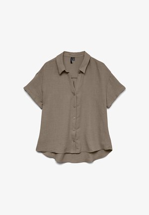 Taupe knappeskjorte med korte ermer og krage, laget av lett teksturert stoff, med lett buet kant, vist flatt på hvit bakgrunn.