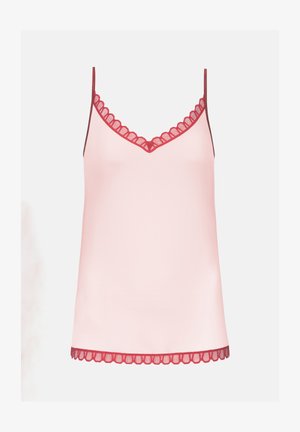 Roze cami met rode kantafwerking langs de halslijn en onderkant. Dunne, verstelbare banden en een gladde, lichte stof.