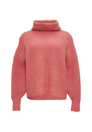 Korallenrosa, übergroßer Rollkragenpullover mit geripptem Muster und überschnittenen Schultern, mit einem verkürzten Saum und weiten Ärmeln.