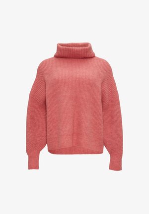 Korallenrosa, übergroßer Rollkragenpullover mit geripptem Muster und überschnittenen Schultern, mit einem verkürzten Saum und weiten Ärmeln.