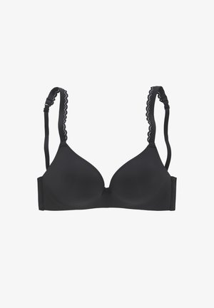 Black padded bra with lace-trimmed adjustable straps and small bow at center front, displayed on a white background.