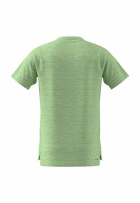 Groene sportieve shirt met korte mouwen, een gemêleerde textuur, een ronde halslijn, zijsplitten en raglanmouwen voor comfort en bewegingsvrijheid.