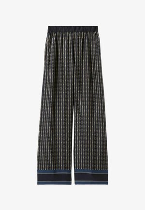 Pantalons larges bleu marine avec un motif de chaînes dorées et une taille élastique confortable. Comprend une bordure contrastante bleue à l'ourlet.