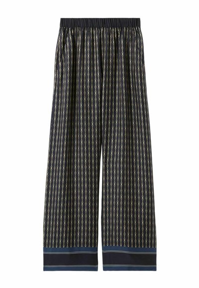 Pantalones de pierna ancha en color azul marino con un patrón de cadena dorada y una cómoda cinturilla elástica. Incluye un ribete azul en contraste en el dobladillo.