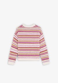 Pull en tricot avec des rayures multicolores dans les tons rose, or et blanc. Doté d'un col rond et de poignets et d'un ourlet côtelés. Motif texturé sur l'ensemble.
