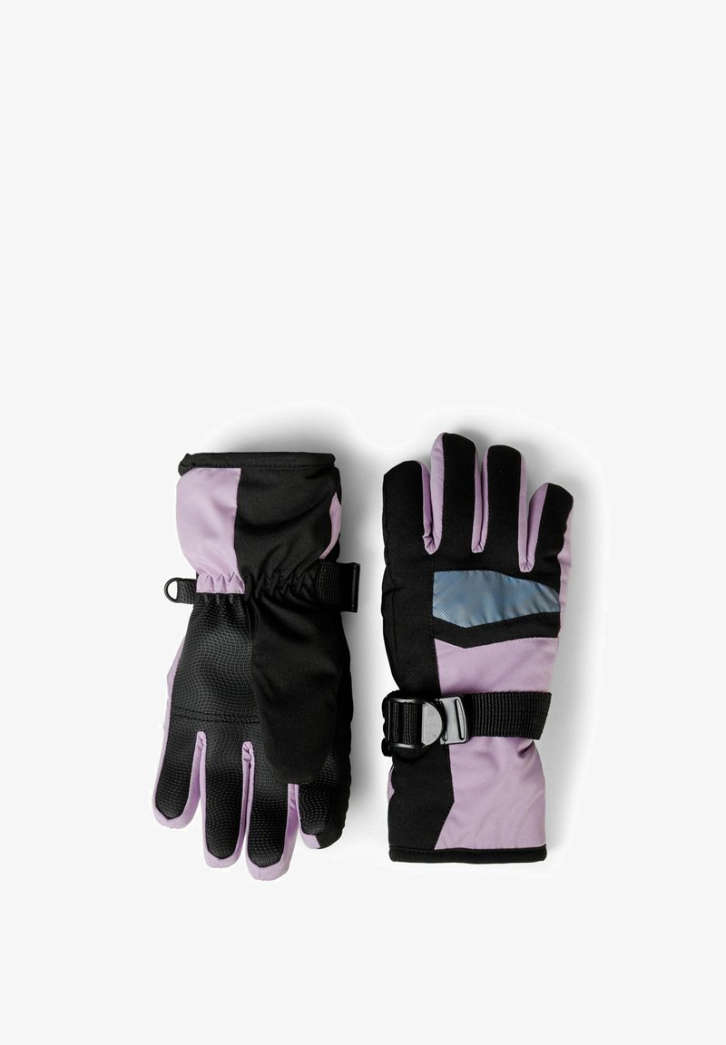 A hőszigetelő kesztyűk fekete és levendula színkombinációval rendelkeznek, mintás tapadós tenyérrel, állítható pántokkal és puha felülettel a melegség érdekében.