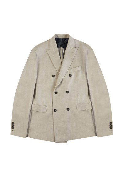 Jasno beżowa dwurzędowa marynarka o fakturowanym materiale, z szpiczastymi klapami, czterema czarnymi guzikami i dwoma przednimi kieszeniami. Podszewka z ciemnego materiału.