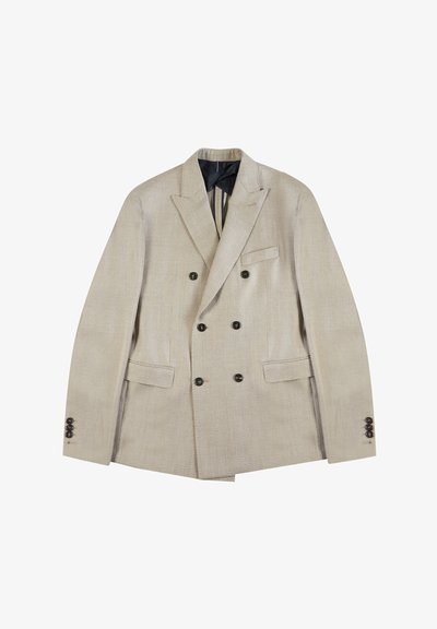 Jasno beżowa dwurzędowa marynarka o fakturowanym materiale, z szpiczastymi klapami, czterema czarnymi guzikami i dwoma przednimi kieszeniami. Podszewka z ciemnego materiału.