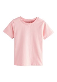 T-shirt à manches courtes rose clair en coton doux. Il présente un col rond et une coupe décontractée, avec un tissu uni sans motifs.