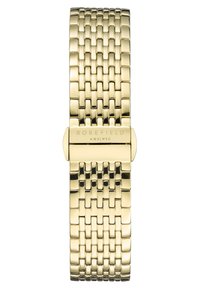 Pulsera de reloj de metal en tono dorado con un diseño trenzado y acabado pulido. Cuenta con un cierre con "ROSEFIELD AMS|NYC" grabado en él.