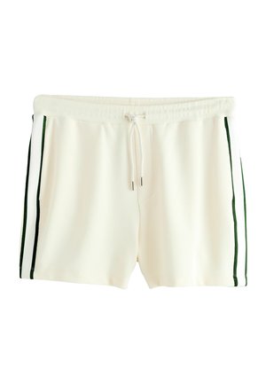 Pantalones cortos deportivos blancos de tejido texturizado, que presentan franjas laterales verdes y una cinturilla con cordón para un ajuste ajustable.