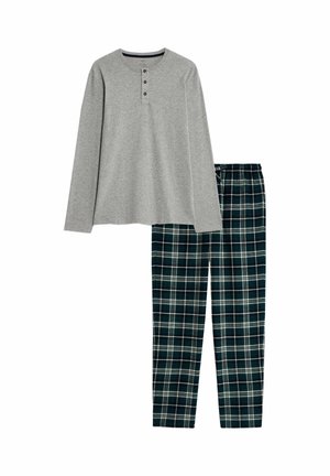 Graues Langarmshirt mit Drei-Knopf-Leiste, kombiniert mit grünen gestreiften Schlafanzughosen mit weißen und blauen Akzenten. Baumwollstoff.