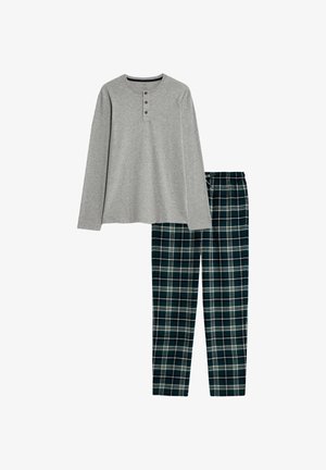 Šedý dlouhý rukáv s tříknoflíkovým zapínáním, spárovaný se zelenými kostkovanými pyžamovými kalhotami s bílými a modrými akcenty. Bavlněná tkanina.