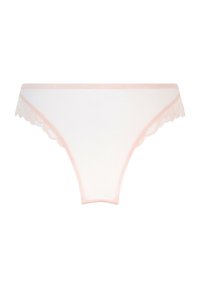 Tong met kanten rand in zacht witte stof met lichtroze accenten, voorzien van een gegolfde rand en een gladde textuur.