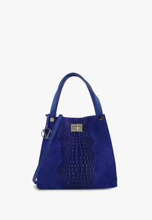 Blauwe gestructureerde handtas met krokodillenstructuur in het midden, zilveren draaiklemsluiting, dubbele handvatten en afneembare schouderriem met rond hangertje.
