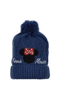 Cappello di lana blu navy con pompon, caratterizzato da una silhouette nera di Minnie Mouse e un fiocco di paillettes rosse, insieme al testo ricamato "Minnie Mouse".