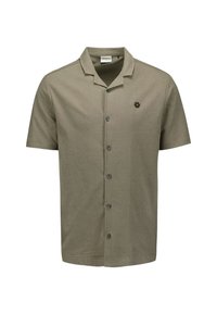 Korte mouwen, olijfgroene shirt van een katoenmix, met een knoopsluiting aan de voorkant en een hexagonaal logo in zwart en geel op de linkerborst.