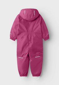Pink waterproof overall with a hood, elastic cuffs, reflective accents, and a cinched waist. Smooth texture, designed for cold weather.