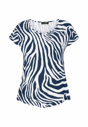 Damen-T-Shirt mit kurzen Ärmeln, marineblau-weißem Zebramuster und rundem Halsausschnitt, mit dem Etikett Doris Streich.