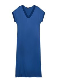 Abito blu con maniche corte e scollatura a V, realizzato in tessuto morbido, caratterizzato da una silhouette ampia e un design al ginocchio.