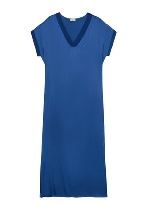 Blaues kurzärmliges Kleid mit V-Ausschnitt, aus glattem Stoff, mit lockerer Silhouette und knielangem Design.