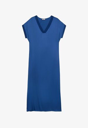 Robe bleue à manches courtes avec un décolleté en V, faite d'un tissu lisse, présentant une silhouette ample et une longueur au genou.