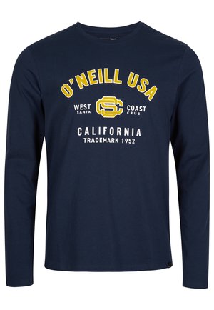 Granatowa koszula z długim rękawem z żółtym i białym napisem „O'NEILL USA”, „West Santa Cruz Coast” oraz „California Trademark 1952” na przodzie.