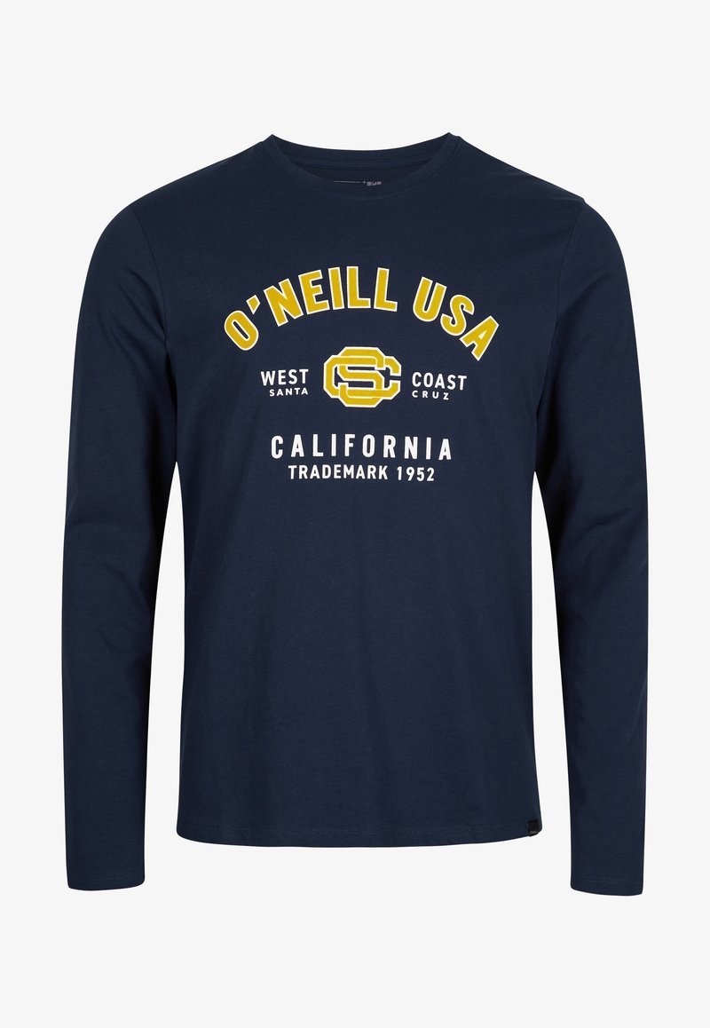 Laivastonsininen pitkähihainen paita, jossa keltaista ja valkoista tekstiä: "O'NEILL USA", "West Santa Cruz Coast" ja "California Trademark 1952" edessä.