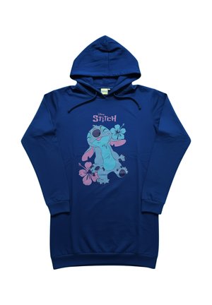 Marineblaue Kapuzenkleid mit Disney Stitch-Grafik, verziert mit pinkfarbenen Hibiskusblumen und dem Schriftzug "Stitch" über der Figur auf der Vorderseite.