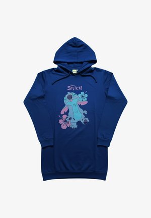 Abito felpa blu navy con grafica di Stitch della Disney, caratterizzato da fiori di ibisco rosa e testo "Stitch" sopra il personaggio sulla parte anteriore.