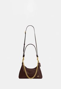 Dark brown leather handbag with gold chain detail, detachable adjustable shoulder strap, and small logo emblem on front.