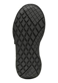 Semelle de chaussure en caoutchouc noir avec un motif en diamant, des accents texturés et des trous de ventilation ; marquée "GEOX" et taille "27".