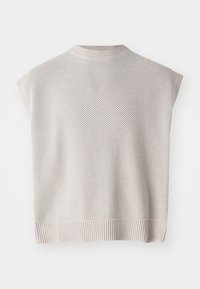 Lys beige strikket ærmeløs topp med ribbestrikket nederkant og rund hals. Har et teksturert mønster og en løs passform.